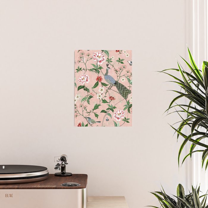 Chinoiserie Vintage Pink Peacocks flowers Grandmillennial Poster Gallery Image 2