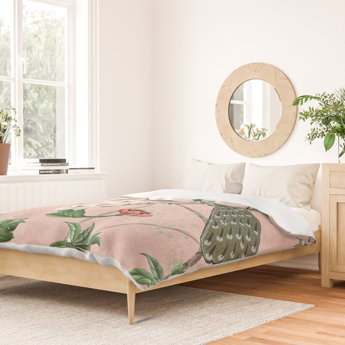 Chinoiserie Vintage Pink Peacocks flowers Grandmillennial Duvet Cover Gallery Image 2