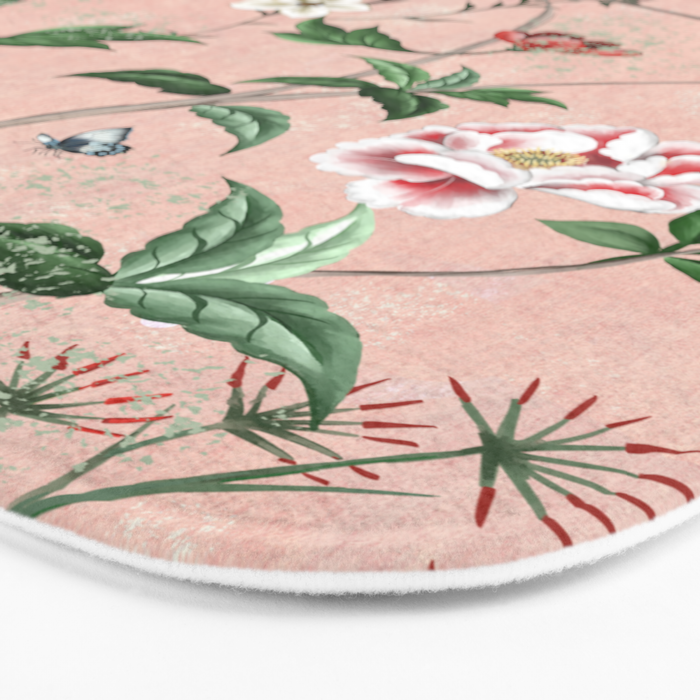 Chinoiserie Vintage Pink Peacocks flowers Grandmillennial Bath Mat Gallery Image 3