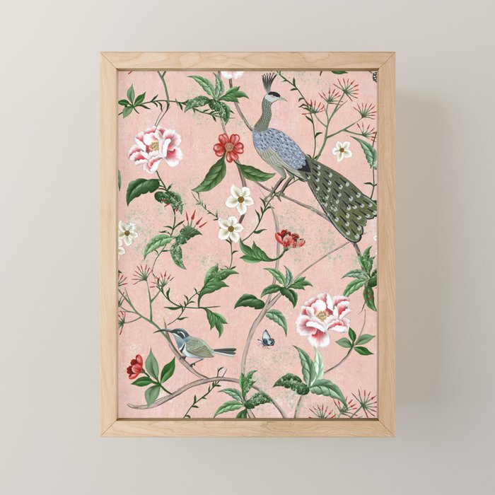 Chinoiserie Vintage Pink Peacocks flowers Grandmillennial Mini Art Print Gallery Image 1