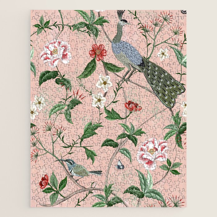Chinoiserie Vintage Pink Peacocks flowers Grandmillennial Jigsaw Puzzle Gallery Image 1
