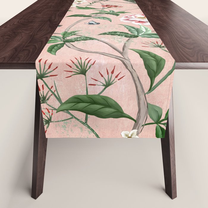 Chinoiserie Vintage Pink Peacocks flowers Grandmillennial Table Runner