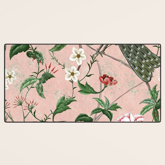 Chinoiserie Vintage Pink Peacocks flowers Grandmillennial Desk Mat Gallery Image 3