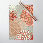 Festive, Floral Prints, Green, Terracotta, Red, Coloured Prints Wrapping Paper Gallery Image 1