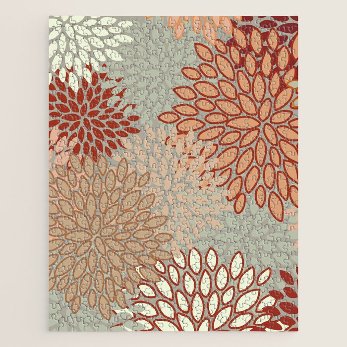 Festive, Floral Prints, Green, Terracotta, Red, Coloured Prints Jigsaw Puzzle Gallery Image 1