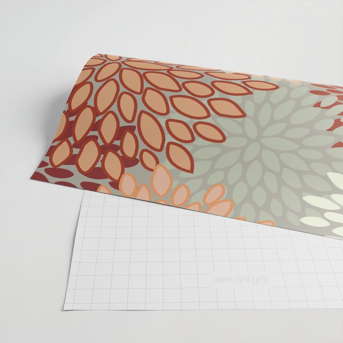 Festive, Floral Prints, Green, Terracotta, Red, Coloured Prints Wrapping Paper Gallery Image 2
