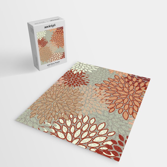 Festive, Floral Prints, Green, Terracotta, Red, Coloured Prints Jigsaw Puzzle Gallery Image 2