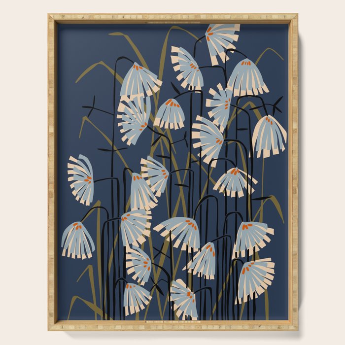 Linocut flower meadow blue Serving Tray Gallery Image 1