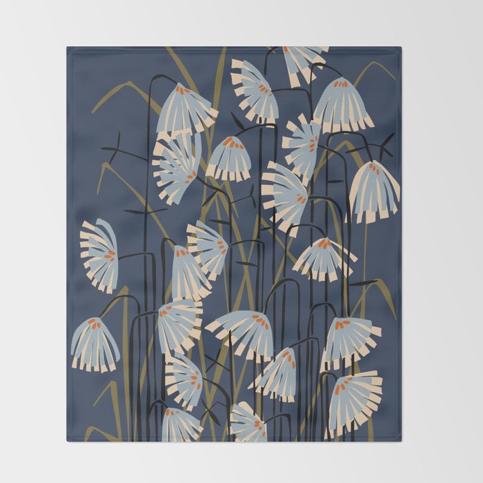 Linocut flower meadow blue Throw Blanket Gallery Image 2