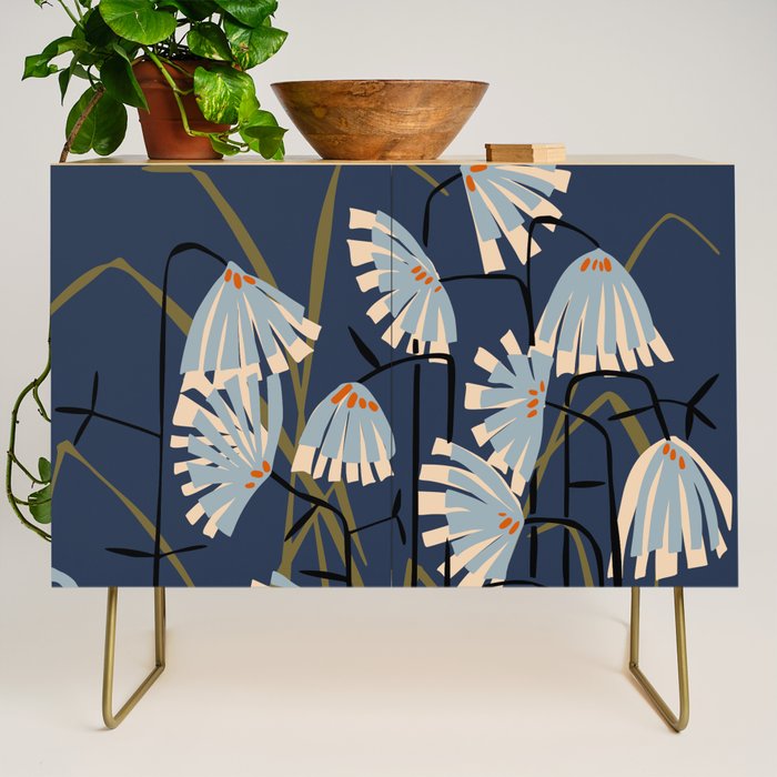 Linocut flower meadow blue Credenza Gallery Image 1
