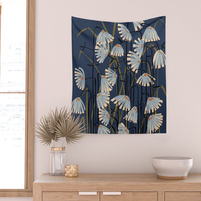 Linocut flower meadow blue Wall Tapestry Gallery Image 2