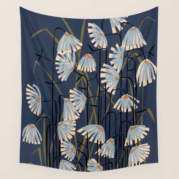 Linocut flower meadow blue Wall Tapestry Gallery Image 4