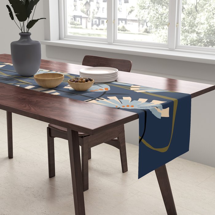 Linocut flower meadow blue Table Runner Gallery Image 2