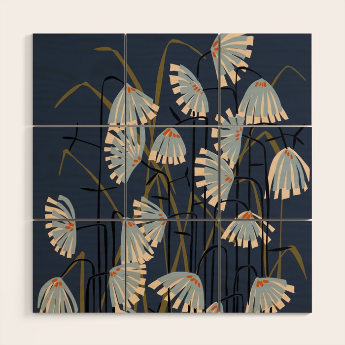 Linocut flower meadow blue Wood Wall Art Gallery Image 1