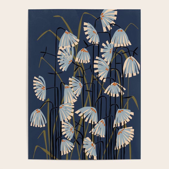 Linocut flower meadow blue Poster