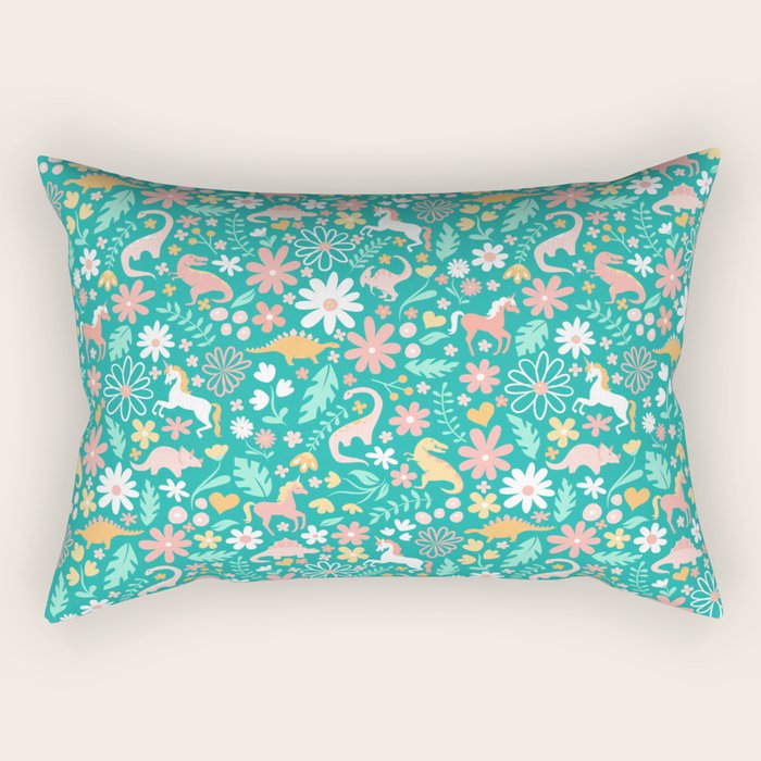 Dinosaurs + Unicorns on Teal Rectangular Pillow Gallery Image 1