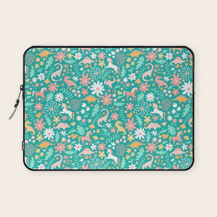 Dinosaurs + Unicorns on Teal Laptop Sleeve Gallery Image 1