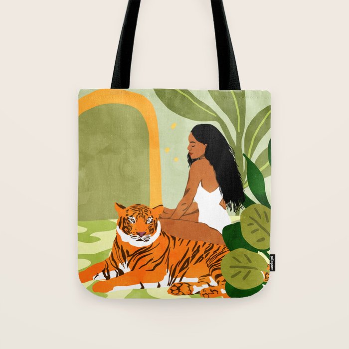 Just You & Me | Tiger Urban Jungle Friendship | Wild Cat Bohemian Black Woman with Pet  Tote Bag Gallery Image 1