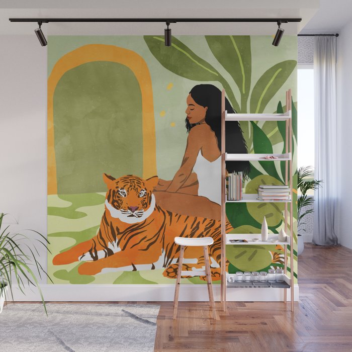 Just You & Me | Tiger Urban Jungle Friendship | Wild Cat Bohemian Black Woman with Pet  Wall Mural Gallery Image 1