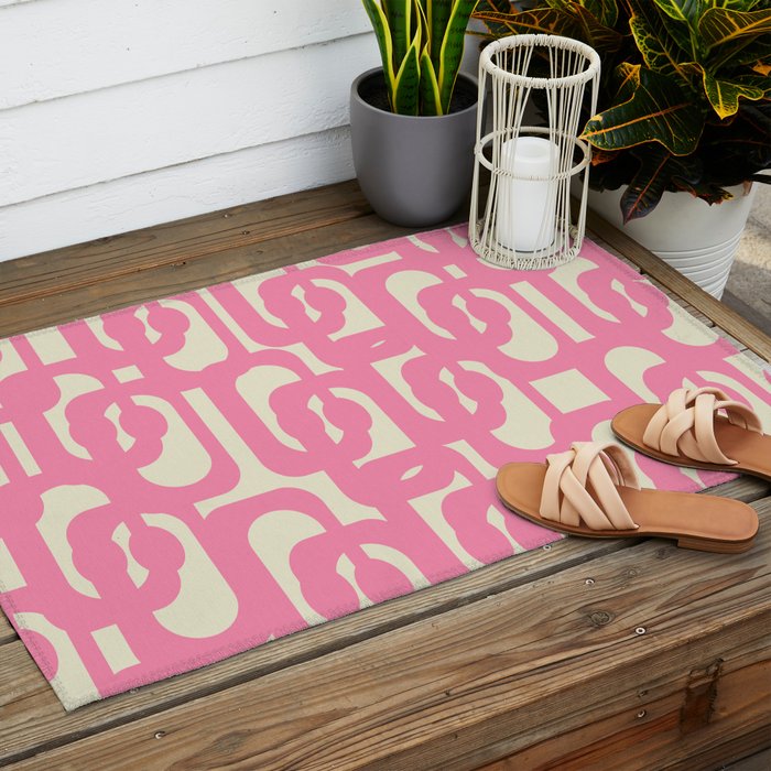 Mid Century Modern Loops Abstract Pattern in Pink and Cream Outdoor Rug Gallery Image 2
