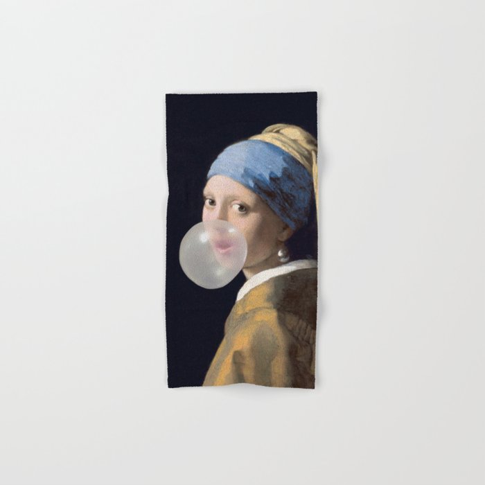 Girl with pearl earring blowing bubble gum Bath Towel Gallery Image 1
