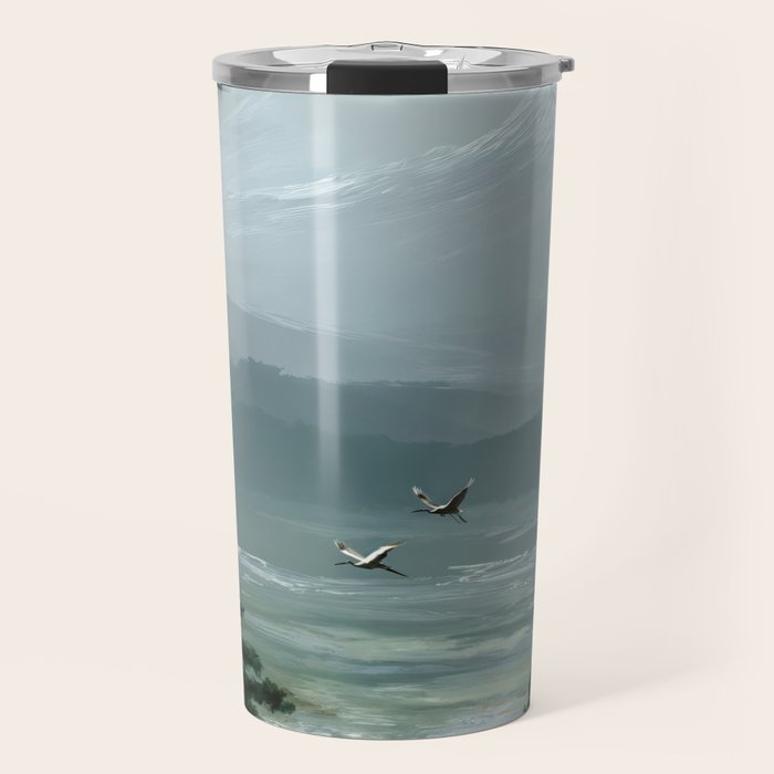 Japanese Wall Art Minimalist Bird Print Mountain Japandi Art Green Wabi Sabi Painting forest poster Travel Mug Gallery Image 1