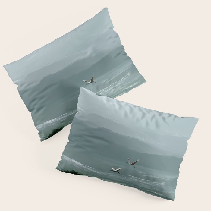 Japanese Wall Art Minimalist Bird Print Mountain Japandi Art Green Wabi Sabi Painting forest poster Pillow Sham Gallery Image 1