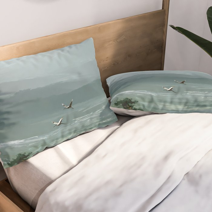 Japanese Wall Art Minimalist Bird Print Mountain Japandi Art Green Wabi Sabi Painting forest poster Pillow Sham Gallery Image 2