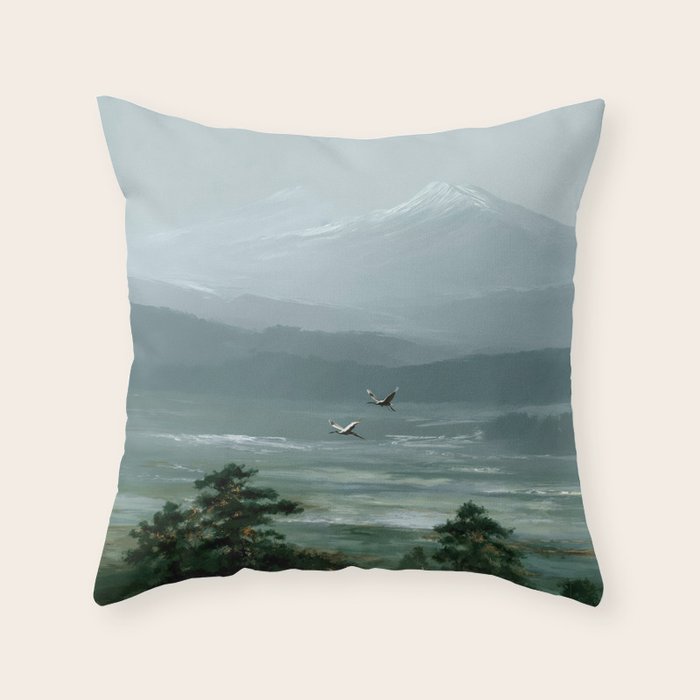 Japanese Wall Art Minimalist Bird Print Mountain Japandi Art Green Wabi Sabi Painting forest poster Throw Pillow Gallery Image 1