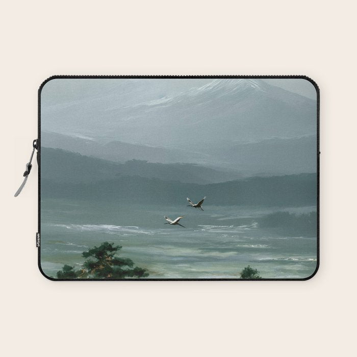 Japanese Wall Art Minimalist Bird Print Mountain Japandi Art Green Wabi Sabi Painting forest poster Laptop Sleeve Gallery Image 1