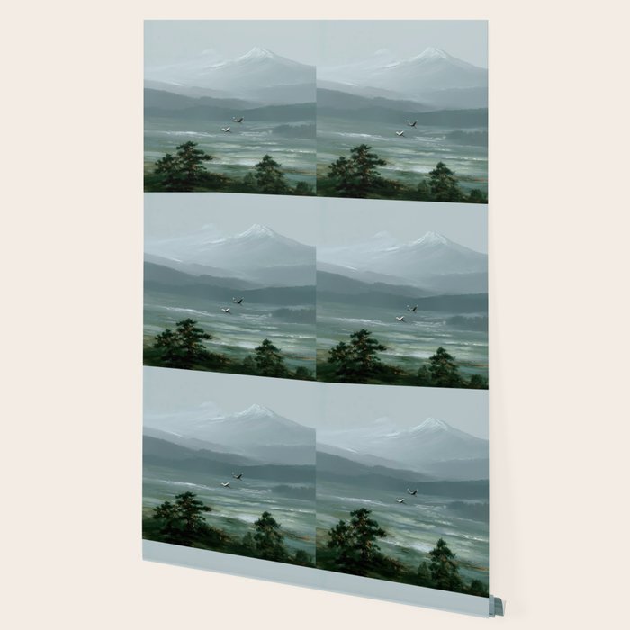 Japanese Wall Art Minimalist Bird Print Mountain Japandi Art Green Wabi Sabi Painting forest poster Wallpaper Gallery Image 2