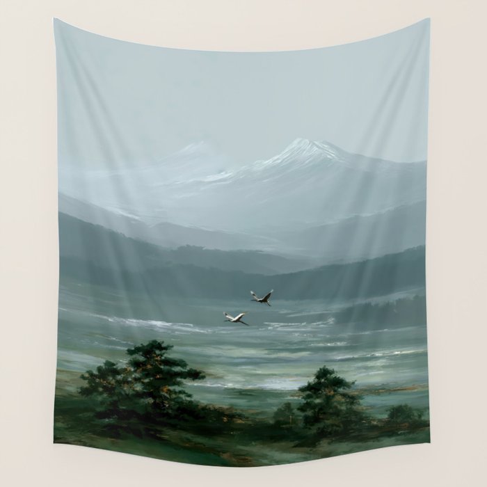 Japanese Wall Art Minimalist Bird Print Mountain Japandi Art Green Wabi Sabi Painting forest poster Wall Tapestry Gallery Image 1