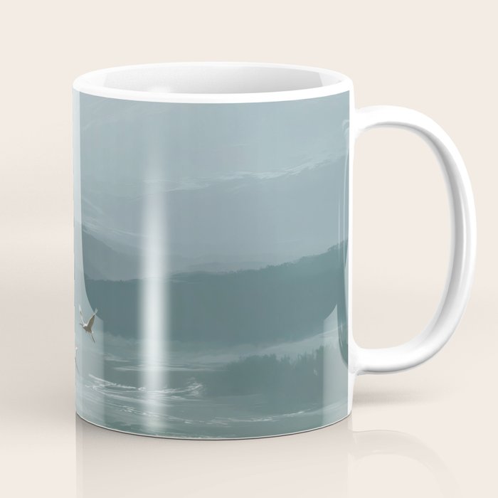 Japanese Wall Art Minimalist Bird Print Mountain Japandi Art Green Wabi Sabi Painting forest poster Coffee Mug Gallery Image 1