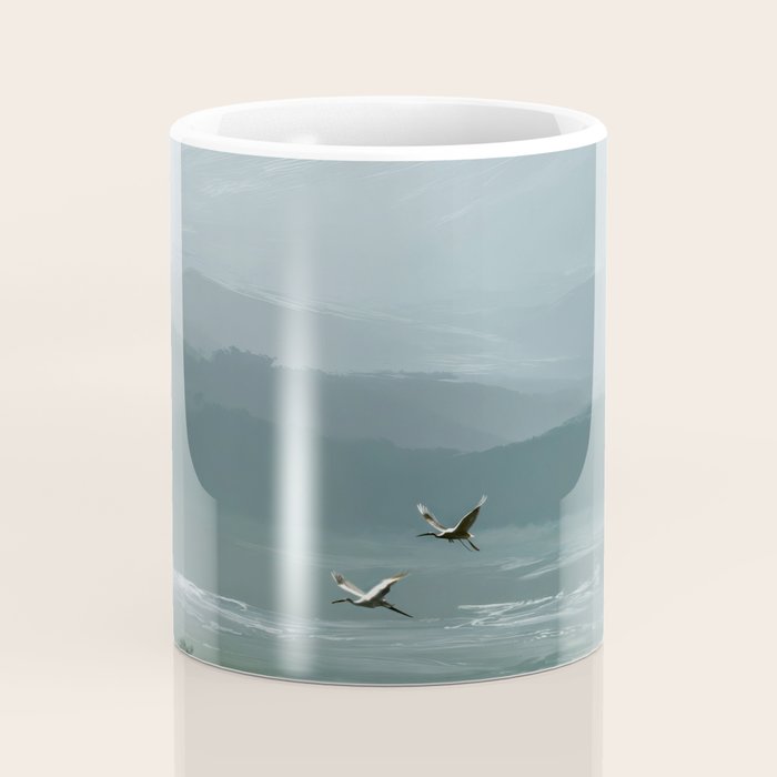 Japanese Wall Art Minimalist Bird Print Mountain Japandi Art Green Wabi Sabi Painting forest poster Coffee Mug Gallery Image 4
