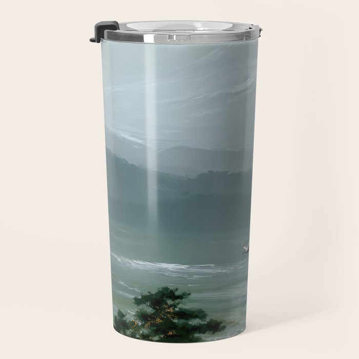 Japanese Wall Art Minimalist Bird Print Mountain Japandi Art Green Wabi Sabi Painting forest poster Travel Mug Gallery Image 3