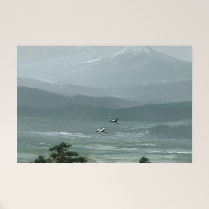 Japanese Wall Art Minimalist Bird Print Mountain Japandi Art Green Wabi Sabi Painting forest poster Welcome Mat Gallery Image 1