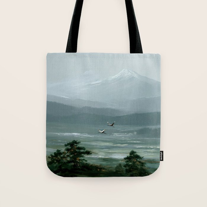 Japanese Wall Art Minimalist Bird Print Mountain Japandi Art Green Wabi Sabi Painting forest poster Tote Bag Gallery Image 1