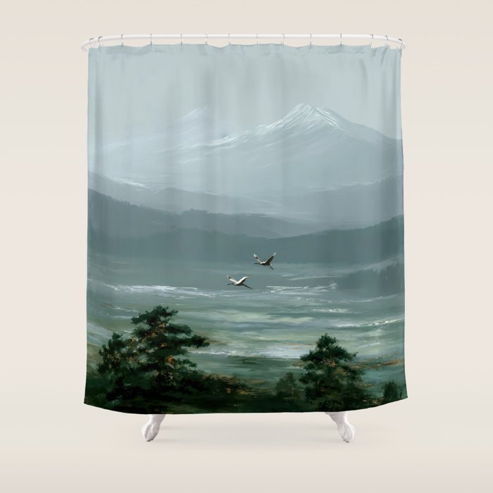 Japanese Wall Art Minimalist Bird Print Mountain Japandi Art Green Wabi Sabi Painting forest poster Shower Curtain Gallery Image 1