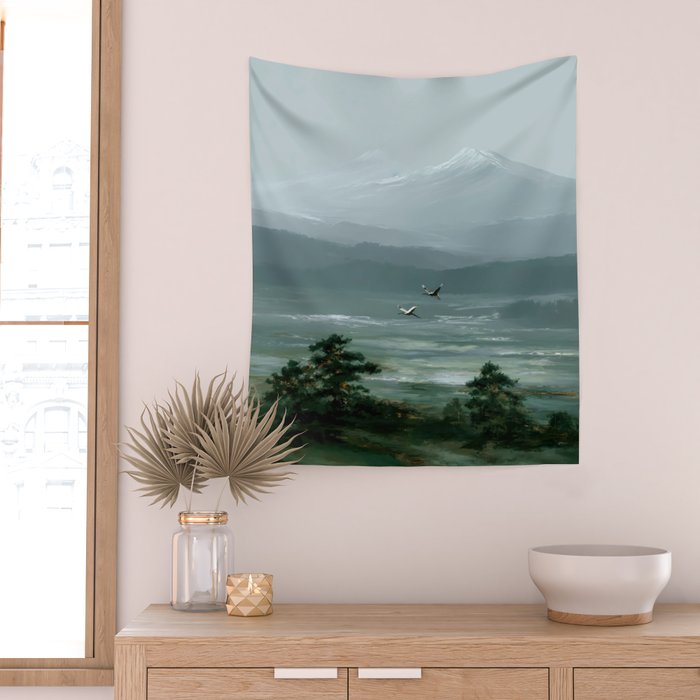 Japanese Wall Art Minimalist Bird Print Mountain Japandi Art Green Wabi Sabi Painting forest poster Wall Tapestry Gallery Image 2