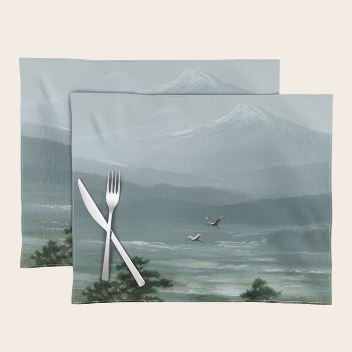 Japanese Wall Art Minimalist Bird Print Mountain Japandi Art Green Wabi Sabi Painting forest poster Placemat Gallery Image 1