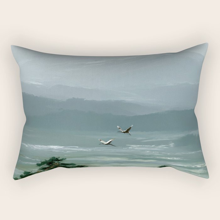 Japanese Wall Art Minimalist Bird Print Mountain Japandi Art Green Wabi Sabi Painting forest poster Rectangular Pillow Gallery Image 1
