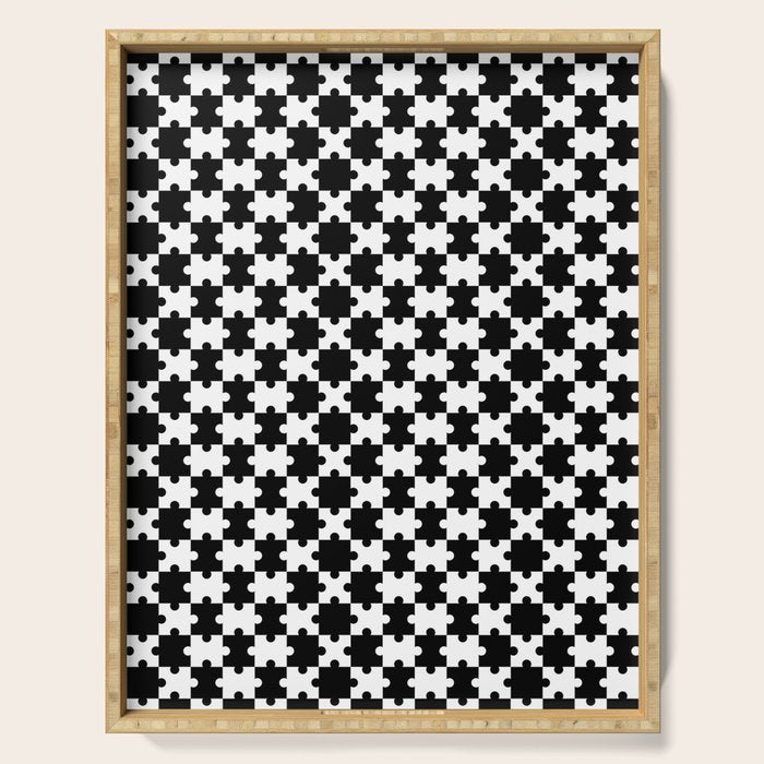 Black and white puzzle piece shape pattern Serving Tray Gallery Image 1