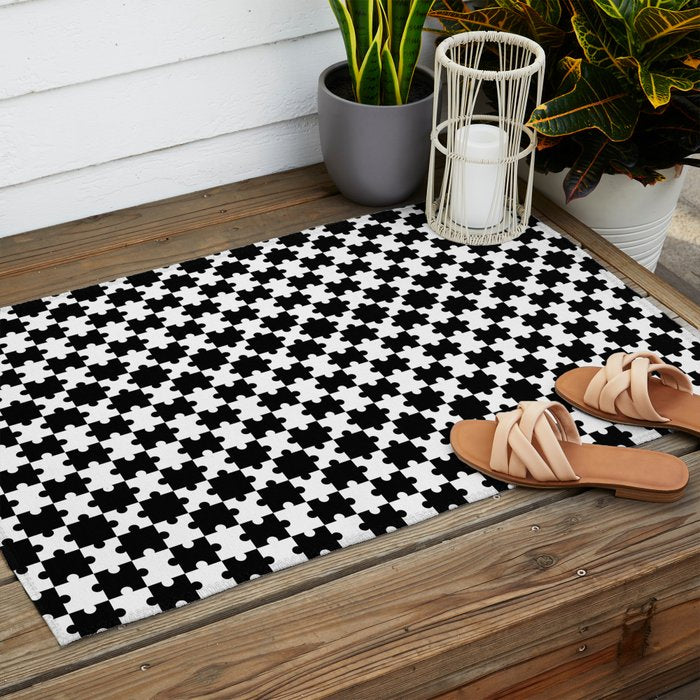 Black and white puzzle piece shape pattern Outdoor Rug Gallery Image 2
