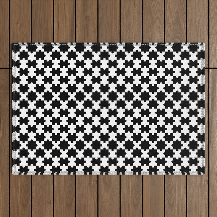 Black and white puzzle piece shape pattern Outdoor Rug Gallery Image 1