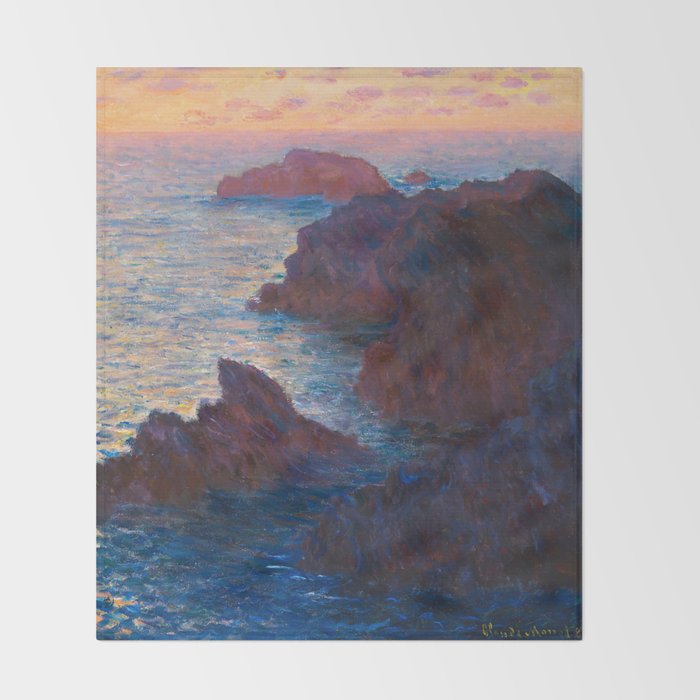 Claude Monet Impressionist Landscape Oil Painting Sunset At Sea Cliffs Ocean Cliff Landscape Throw Blanket Gallery Image 2