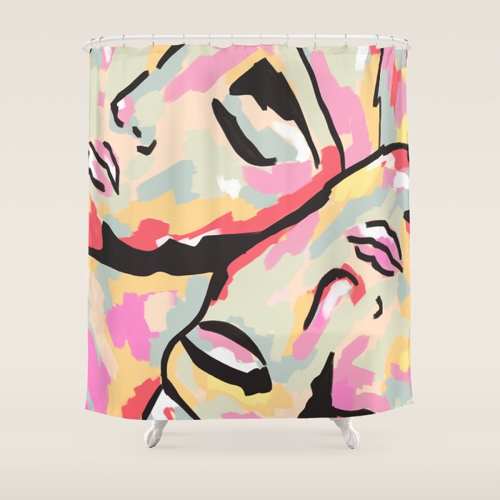 Emotional Orientation, Abstract Face Line Art Drawing Sketch, Mental Wellness Eclectic Painting, Bohemian Positivity Good Vibes Growth Peace Shower Curtain Gallery Image 1