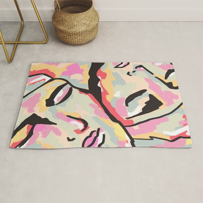 Emotional Orientation, Abstract Face Line Art Drawing Sketch, Mental Wellness Eclectic Painting, Bohemian Positivity Good Vibes Growth Peace Rug Gallery Image 1