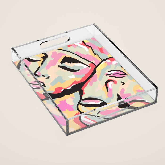 Emotional Orientation, Abstract Face Line Art Drawing Sketch, Mental Wellness Eclectic Painting, Bohemian Positivity Good Vibes Growth Peace Acrylic Tray Gallery Image 1