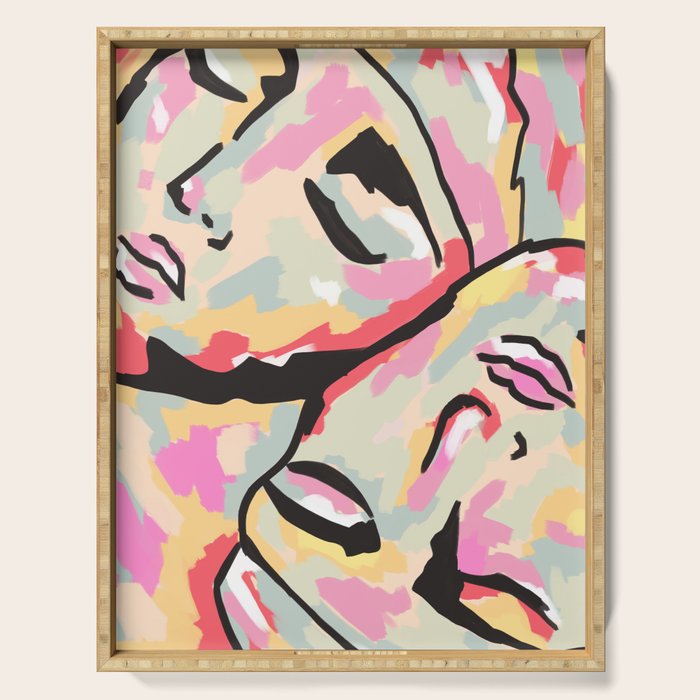 Emotional Orientation, Abstract Face Line Art Drawing Sketch, Mental Wellness Eclectic Painting, Bohemian Positivity Good Vibes Growth Peace Serving Tray Gallery Image 1