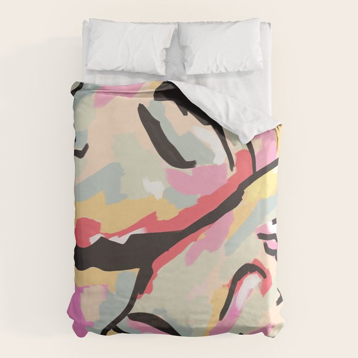 Emotional Orientation, Abstract Face Line Art Drawing Sketch, Mental Wellness Eclectic Painting, Bohemian Positivity Good Vibes Growth Peace Duvet Cover Gallery Image 6